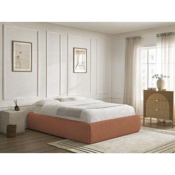Pat matrimonial portocaliu tapițat cu spațiu de depozitare/fără tăblie cu somieră 160x200 cm Inera – Bobochic Paris-image-1
