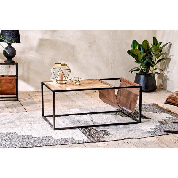 Masă de cafea din lemn de mango și piele Nkuku Alera-image-1