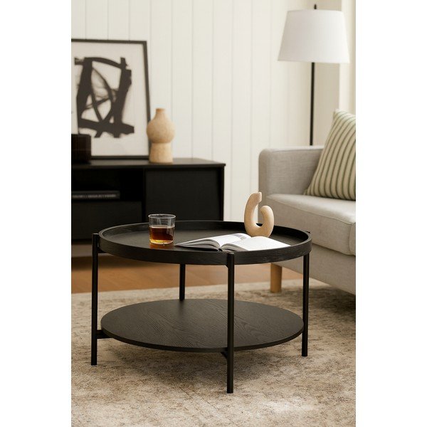 Măsuță de cafea neagră rotundă cu aspect de lemn de stejar ø 64 cm Hagen – Bonami Essentials-image-3