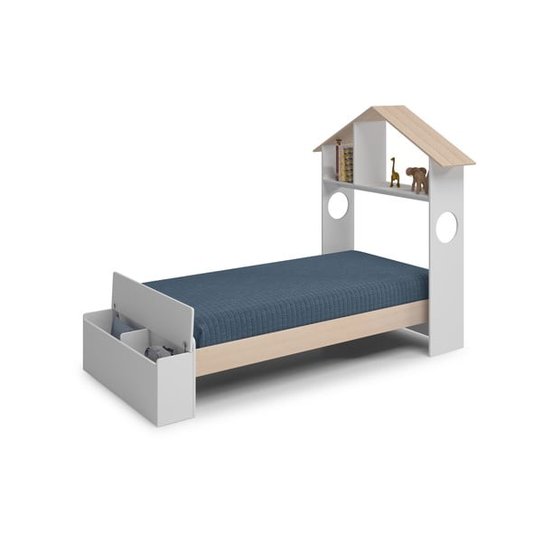 Pat pentru copii  alb/natural de tip casă cu aspect de lemn de pin cu spațiu de depozitare 90x190 cm Odessa – Marckeric-image-3