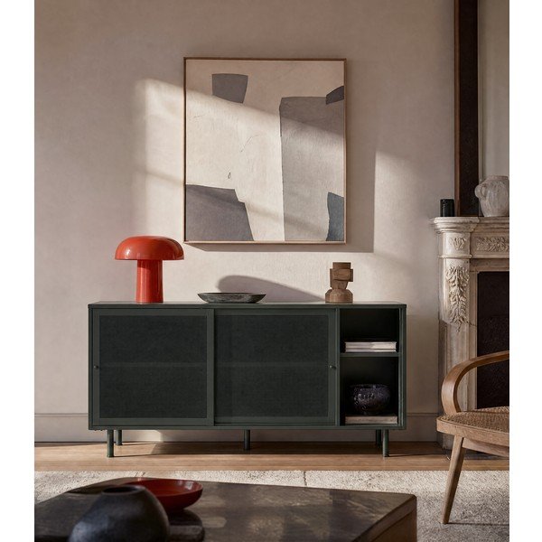 Comodă verde-închis joasă din metal cu ușă glisantă 160x75 cm Veep – Unique Furniture-image-3