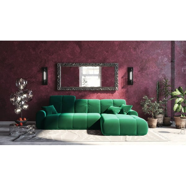 Canapea extensibilă din catifea cu șezlong pe partea dreaptă devichy Tous, verde închis-image-3