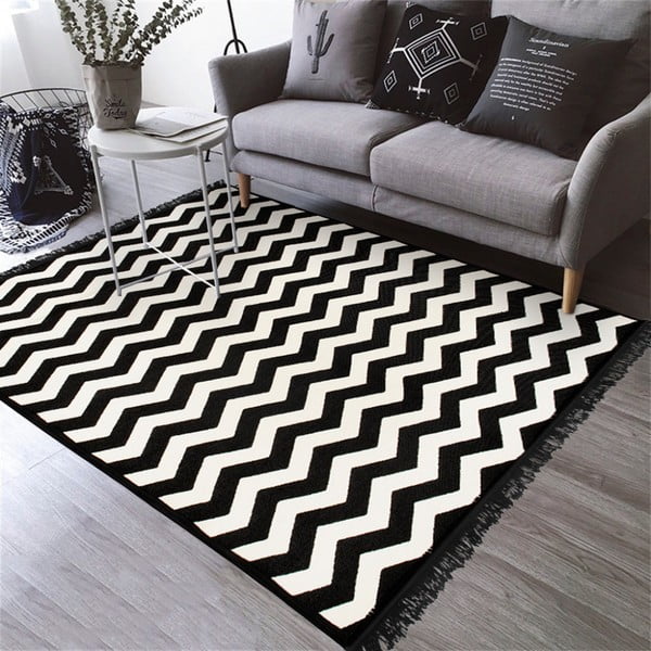 Covor reversibil Cihan Bilisim Tekstil Zig Zag 80 x 150 cm, alb-negru-image-1