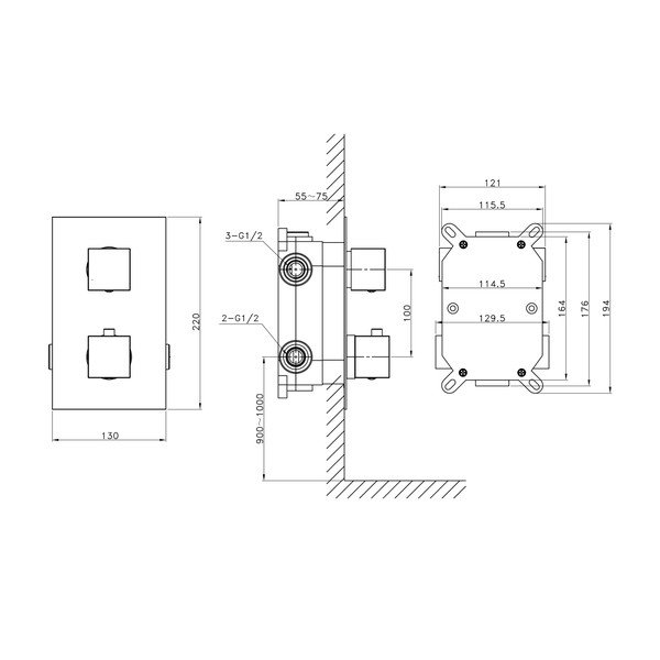Baterie argintiu-lucios pentru duș încastrată (3 ieșiri) Latus – Sapho-image-3