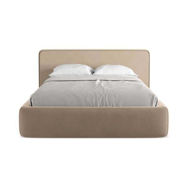 Pat matrimonial maro deschis tapițat cu spațiu de depozitare cu somieră 160x200 cm Kiana – Makamii-image-4