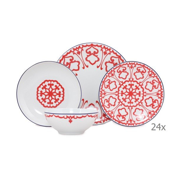 Set 24 vase din porțelan Kütahya Porselen Desen, alb - roșu