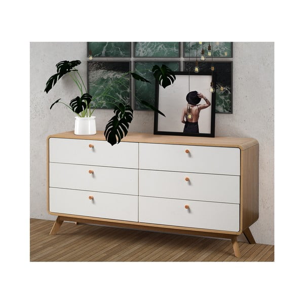 Comodă albă/în culoare naturală joasă cu aspect de lemn de stejar 150x74 cm Caitlin – Støraa-image-3