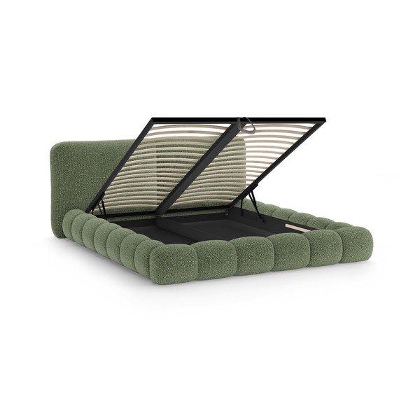 Pat matrimonial verde tapițat cu spațiu de depozitare cu somieră 180x200 cm Solange – Micadoni -image-2