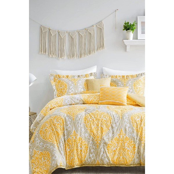 Lenjerie de pat galbenă/gri din bumbac ranforcé pentru pat dublu/extinsă cu cearceaf inclus/cu 4 piese 200x220 cm Ethnic – Mila Home