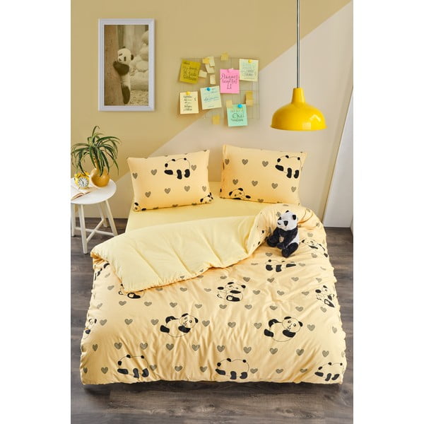 Lenjerie de pat galbenă pentru pat de o persoană, extinsă cu cearceaf inclus, cu 3 piese 160x220 cm Panda – Mila Home-image-1