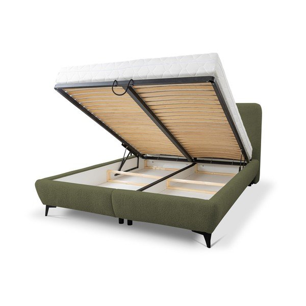 Pat matrimonial verde tapițat cu spațiu de depozitare cu somieră 180x200 cm Makapu – Makamii-image-1