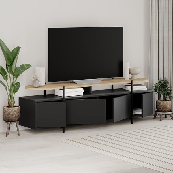 Masă TV neagră cu aspect de lemn de stejar 160x48 cm Hinoa – Marckeric-image-4