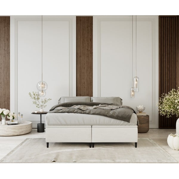 Pat matrimonial crem tapițat cu spațiu de depozitare 200x200 cm Tate – Maison de Rêve-image-3