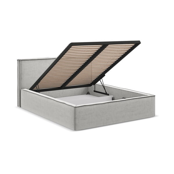 Pat matrimonial gri deschis tapițat cu spațiu de depozitare cu somieră 160x200 cm Anani – Makamii-image-2
