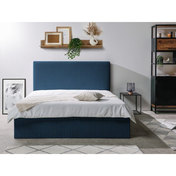 Pat matrimonial 160x200 cm albastru tapițat cu spațiu de depozitare cu somieră Adele – Bobochic Paris-image-2