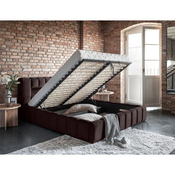 Pat matrimonial maro închis tapițat cu spațiu de depozitare cu somieră 160x200 cm Lamica – ELTAP-image-3