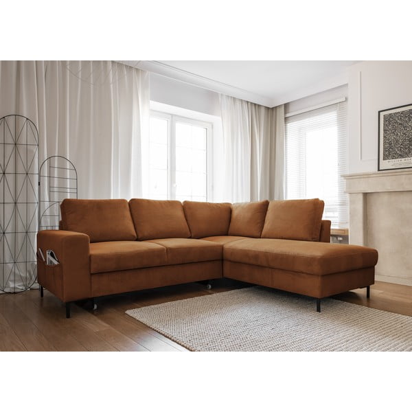 Colțar portocaliu/maro extensibil cu tapițerie din catifea reiată  (cu colț pe partea dreaptă) Lofty Lilly – Miuform-image-3