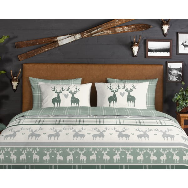 Lenjerie de pat verde/crem din flanelă pentru pat dublu/extinsă 200x220 cm Bjirk – Good Morning-image-2