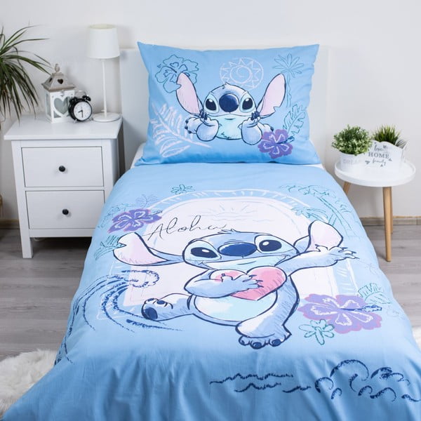 Lenjerie de pat pentru copii albastră din bumbac pentru pat de o persoană 140x200 cm Lilo and Stitch "Wave" – Jerry Fabrics-image-1