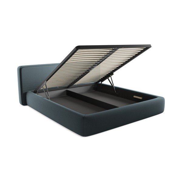 Pat matrimonial albastru tapițat cu spațiu de depozitare cu somieră 180x200 cm Kiana – Makamii-image-3