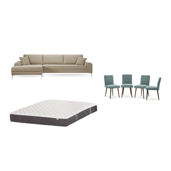 Set canapea gri-bej cu șezut pe partea stângă, 4 scaune gri-verde o saltea 160 x 200 cm Home Essentials