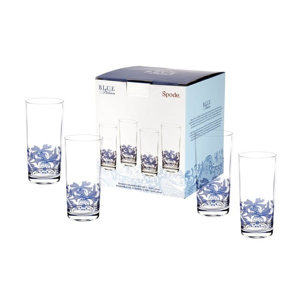 Set 4 pahare din sticlă Spode Blue Italian, 420 ml, alb - albastru