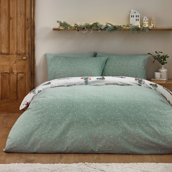 Lenjerie de pat verde/în culoare naturală din flanelă pentru pat dublu 200x200 cm Brushed Christmas Dogs – Catherine Lansfield-image-1