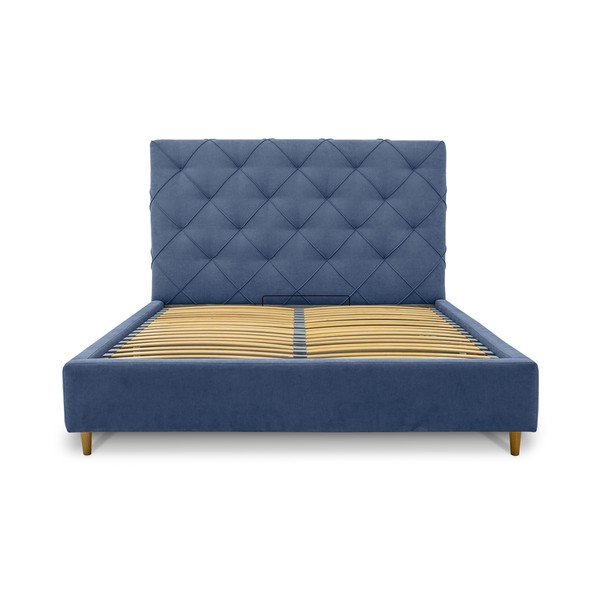 Pat matrimonial albastru tapițat cu spațiu de depozitare și somieră 160x200 cm Bee – Scandic-image-3