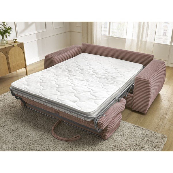 Canapea roz pentru dormitul zilnic/extensibilă cu tapițerie din catifea reiată  240 cm Hugo – Bobochic Paris-image-1