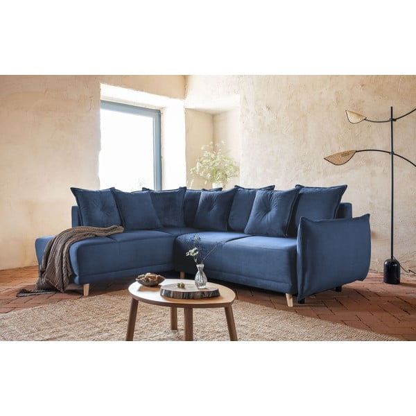 Colțar albastru închis extensibil cu tapițerie din catifea reiată  (colț stânga) Lazy Lukka – Miuform-image-1