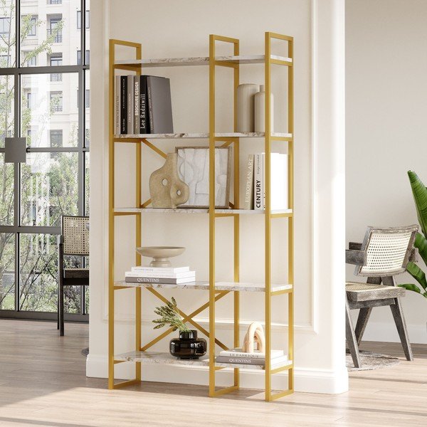 Etajeră alb-auriu cu aspect de marmură 87,5x175 cm Monica – Kalune Design-image-2