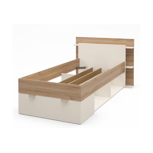 Pat alb/în culoare naturală cu aspect de lemn de stejar cu spațiu de depozitare fără somieră 90x200 cm Albo – Marckeric-image-2