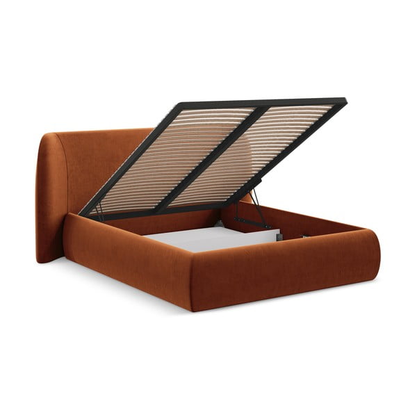 Pat matrimonial teracotă tapițat cu spațiu de depozitare cu somieră 180x200 cm Hauke – Makamii-image-2