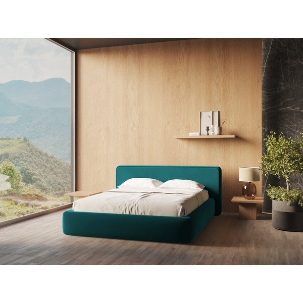 Pat matrimonial turcoaz tapițat cu spațiu de depozitare cu somieră 140x200 cm Kiana – Makamii-image-1