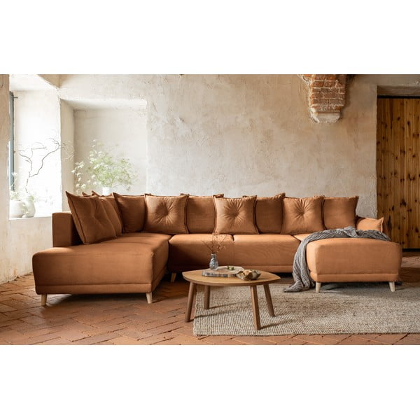 Colțar cărămiziu extensibil cu tapițerie din catifea reiată  (colț stânga/în formă de "U") Lazy Lukka – Miuform-image-1