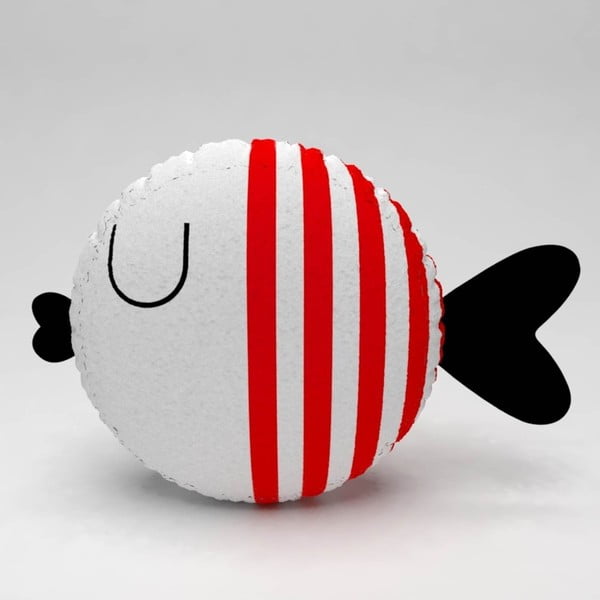 Pernă în formă de pește Fish Stripes, ⌀ 32 cm, alb-roșu
