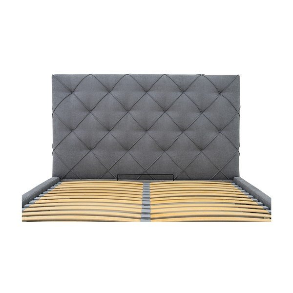 Pat matrimonial gri tapițat cu spațiu de depozitare și somieră 140x190 cm Bee – Scandic-image-1