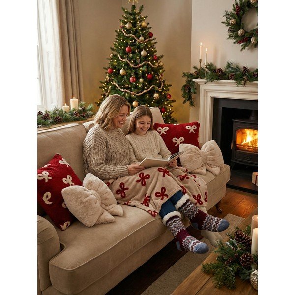 Pătură roșie/bej din micropluș/cocolino 150x200 cm  cu model de Crăciun XMAS – Tiseco Home Studio-image-1