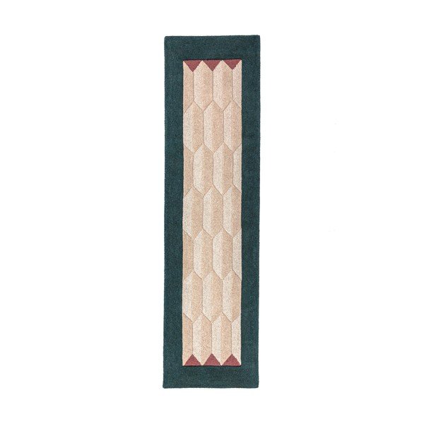 Covor tip traversă în culoare naturală/albastru-verde țesut manual din lână 60x230 cm Apex Border Wool – Flair Rugs