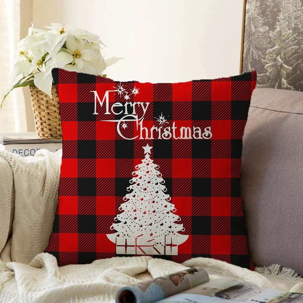 Față de pernă din chenille cu model de Crăciun Minimalist Cushion Covers Christmas Tartan, 55 x 55 cm