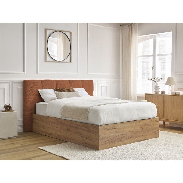 Pat matrimonial teracotă tapițat/din  placă aglomerată de lemn tapițat cu spațiu de depozitare cu somieră 180x200 cm Kumo – Bobochic Paris-image-4