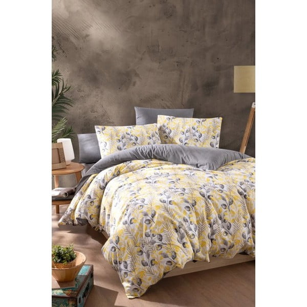 Lenjerie de pat galbenă/gri pentru pat dublu/canapea extinsă cu cearceaf inclus/cu 4 piese 200x220 cm Leaves – Mila Home