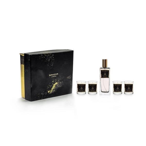 Set 4 lumânări parfumate și parfum de casă, în cutie de cadou, cu aromă de patchouli și iasomie Bahoma London