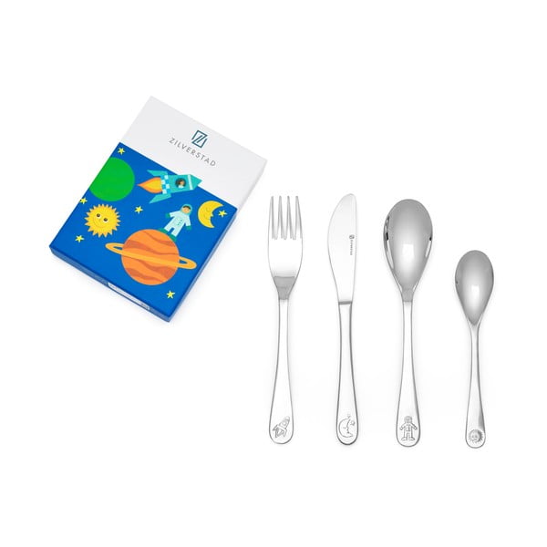 Tacâmuri  argintii din oțel inoxidabil pentru copii 4 buc. Space – Zilverstad-image-3