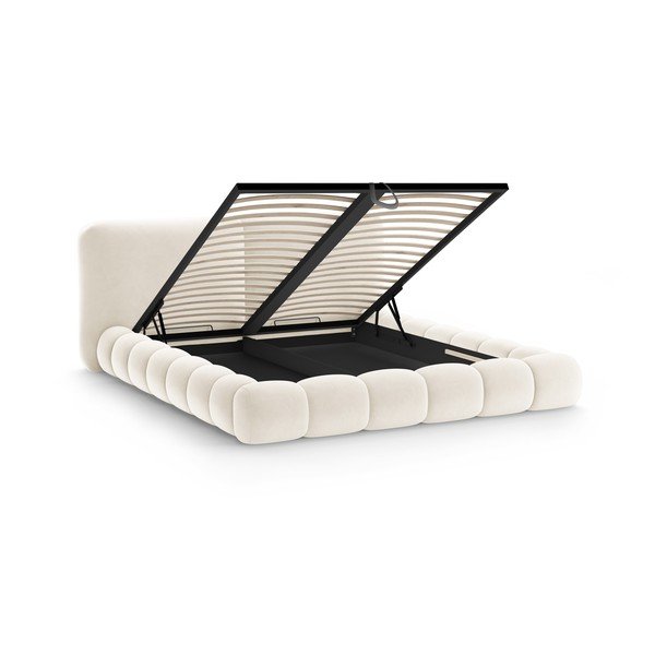 Pat matrimonial fildeș tapițat cu spațiu de depozitare cu somieră 160x200 cm Solange – Micadoni -image-2