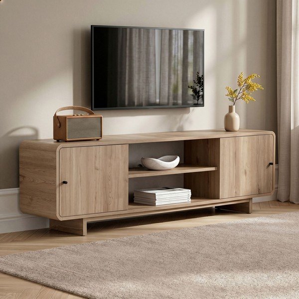 Comodă TV în culoare naturală deschisă cu aspect de lemn de stejar 180x52x34 cm Mirel – Nordure-image-3