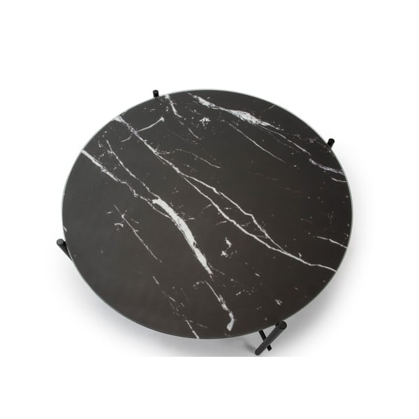 Măsuță de cafea cu blat din sticlă în decor de marmură Marckeric, ø 84 cm, negru-image-3