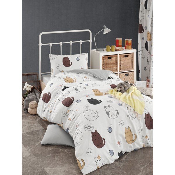 Lenjerie de pat cu cearșaf pentru pat single Eponj Home Hello Cats White, 160 x 220 cm