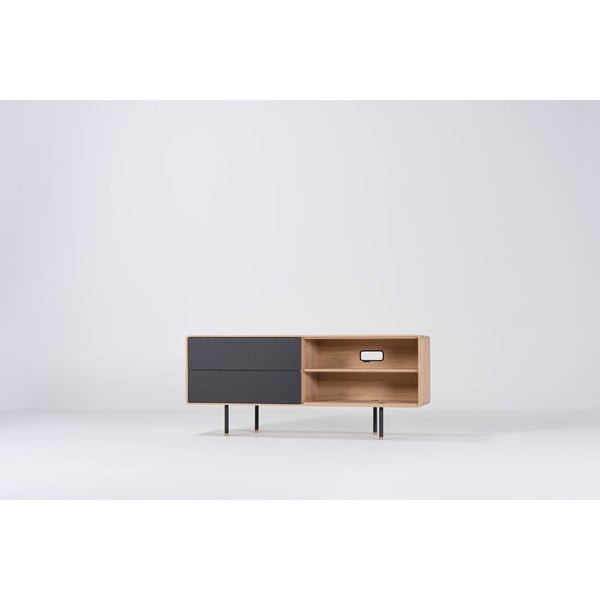 Comodă TV neagră/în culoare naturală din lemn de stejar 150x64 cm Fina – Gazzda-image-4