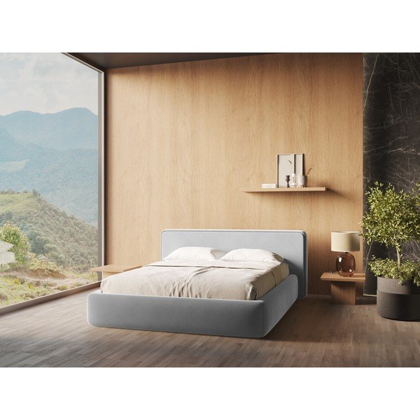 Pat matrimonial gri tapițat cu spațiu de depozitare cu somieră 140x200 cm Kiana – Makamii-image-1